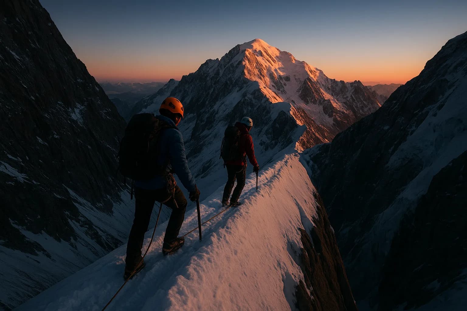 Cordée d'alpinistes traversant une arête de neige étroite entre le Mont Blanc du Tacul et le Mont Maudit au lever du soleil
