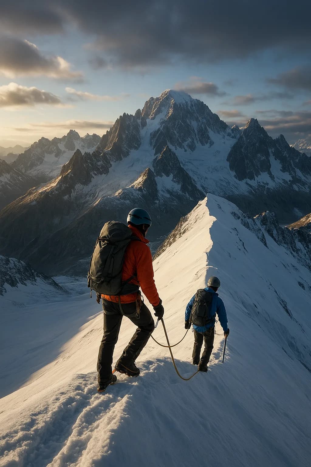 Deux alpinistes encordés progressant en file sur une arête de neige, massif du Mont Blanc