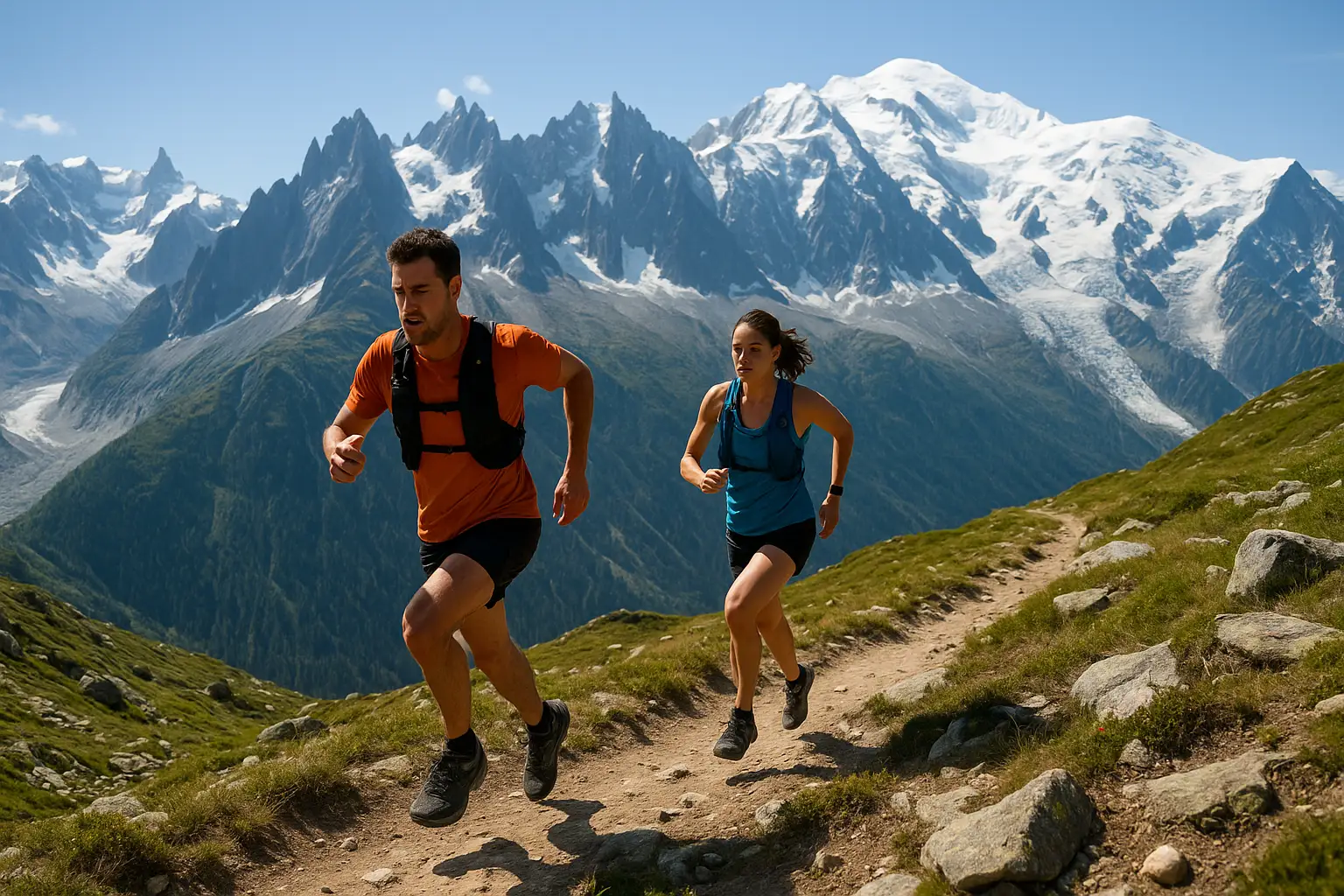 Coureurs de trail sur un sentier alpin technique en plein jour, panorama sur les sommets du massif du Mont Blanc
