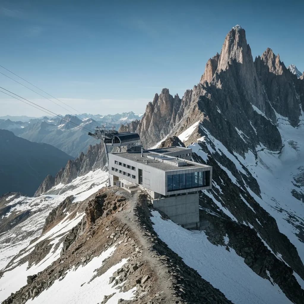 Refuge de haute montagne perché sur une arête rocheuse enneigée près de l'Aiguille du Midi, massif du Mont Blanc