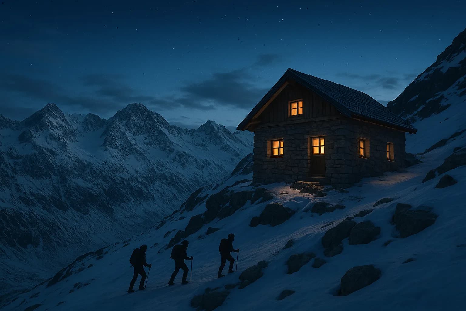 Refuge de haute montagne en pierre et bois perché sur une arête enneigée au crépuscule, massif du Mont Blanc