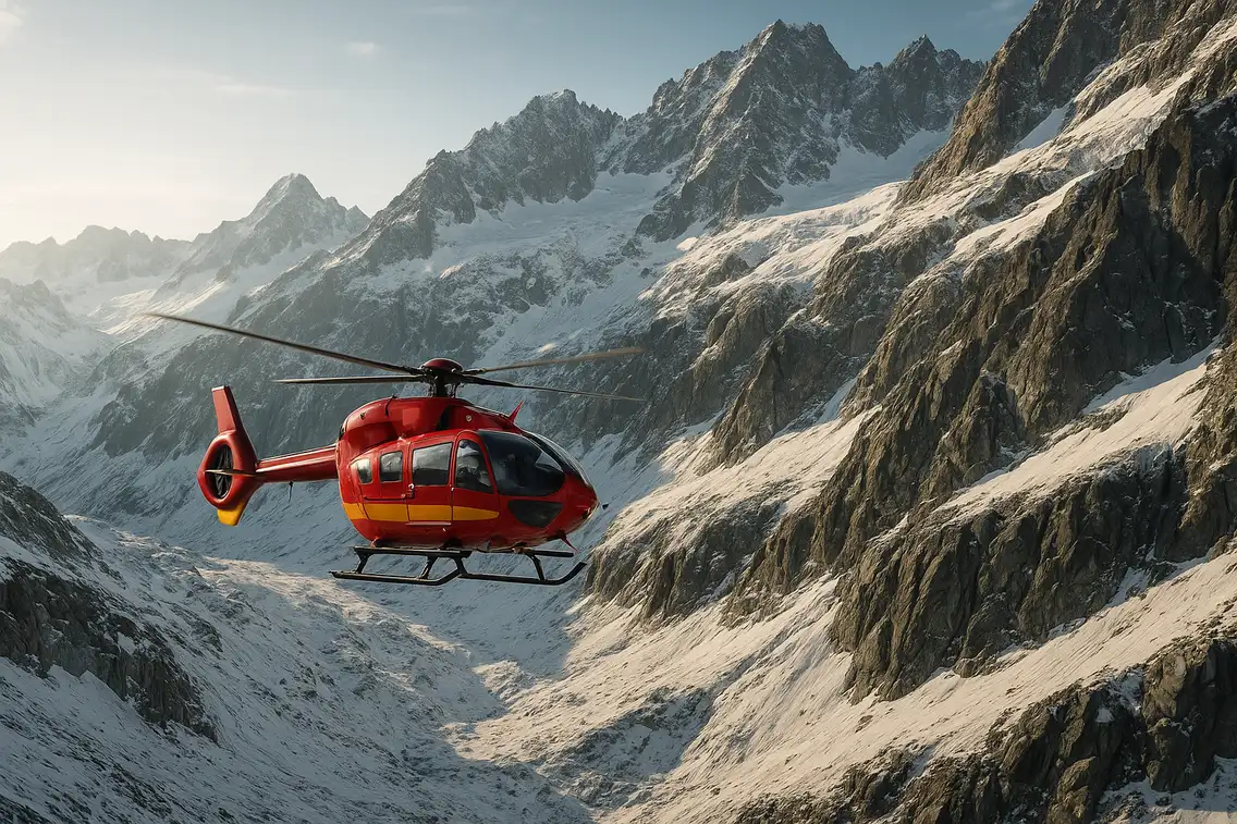 Hélicoptère de secours en montagne survolant une paroi rocheuse et glaciaire du massif du Mont Blanc