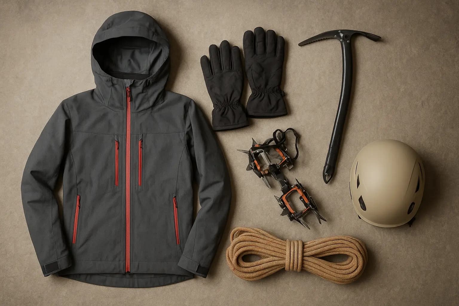 Matériel d'alpinisme technique — veste, gants, piolet, crampons, corde — disposé sur fond neutre, sans marque visible