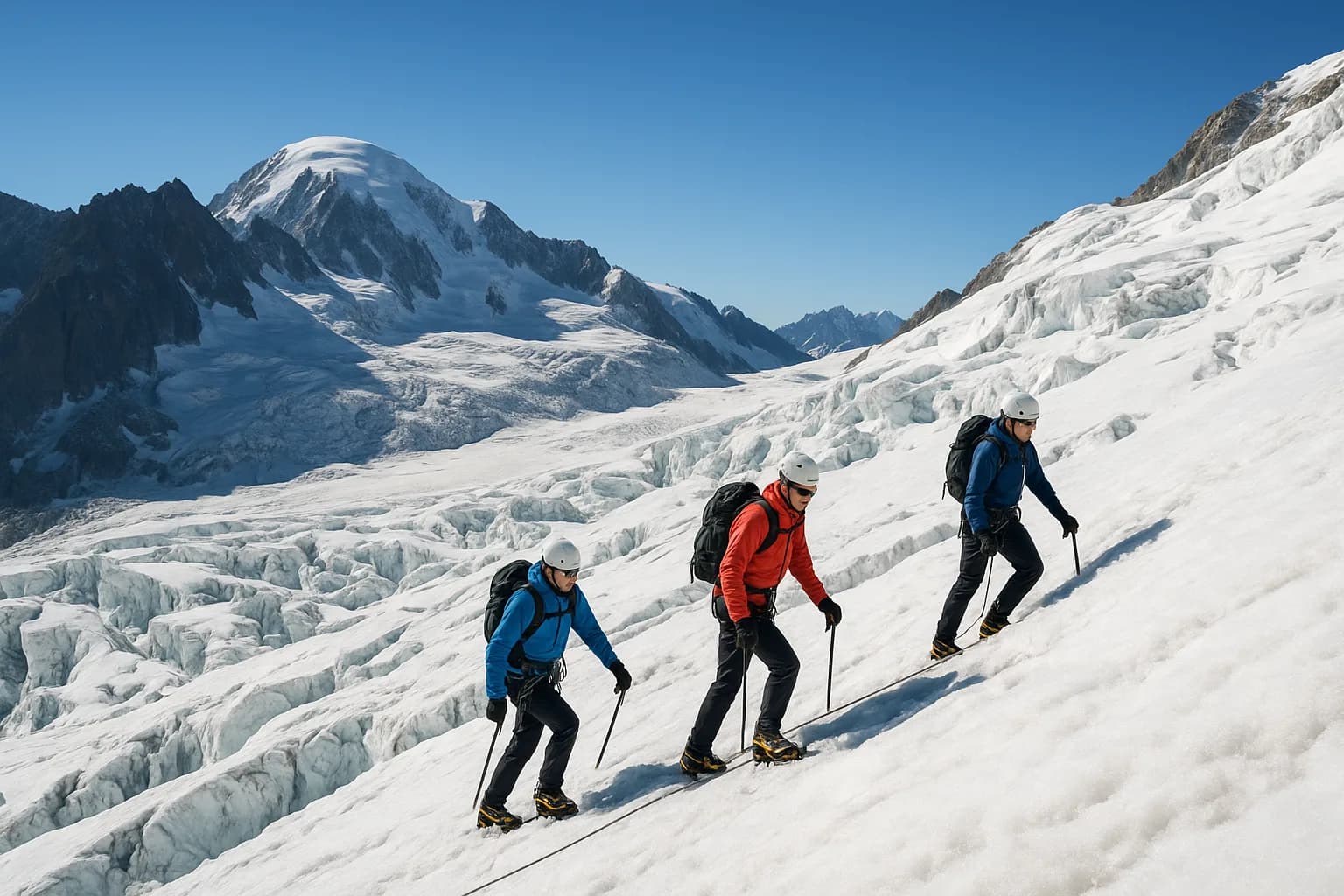 Alpinistes encordés progressant sur le versant italien glaciaire du Mont Blanc vers le refuge Gonella