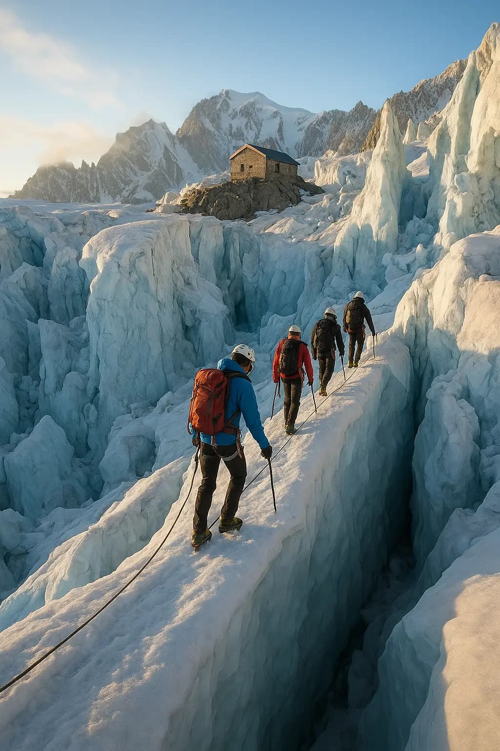 Cordée traversant un glacier crevassé près du refuge historique des Grands Mulets, séracs et ponts de neige