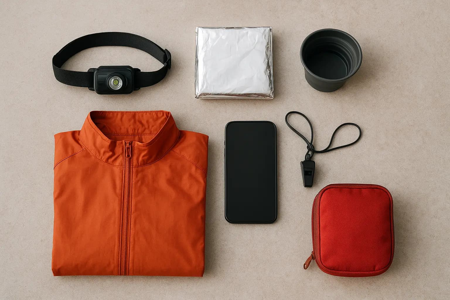 Matériel obligatoire de trail running disposé à plat : frontale, couverture de survie, gobelet, veste, téléphone