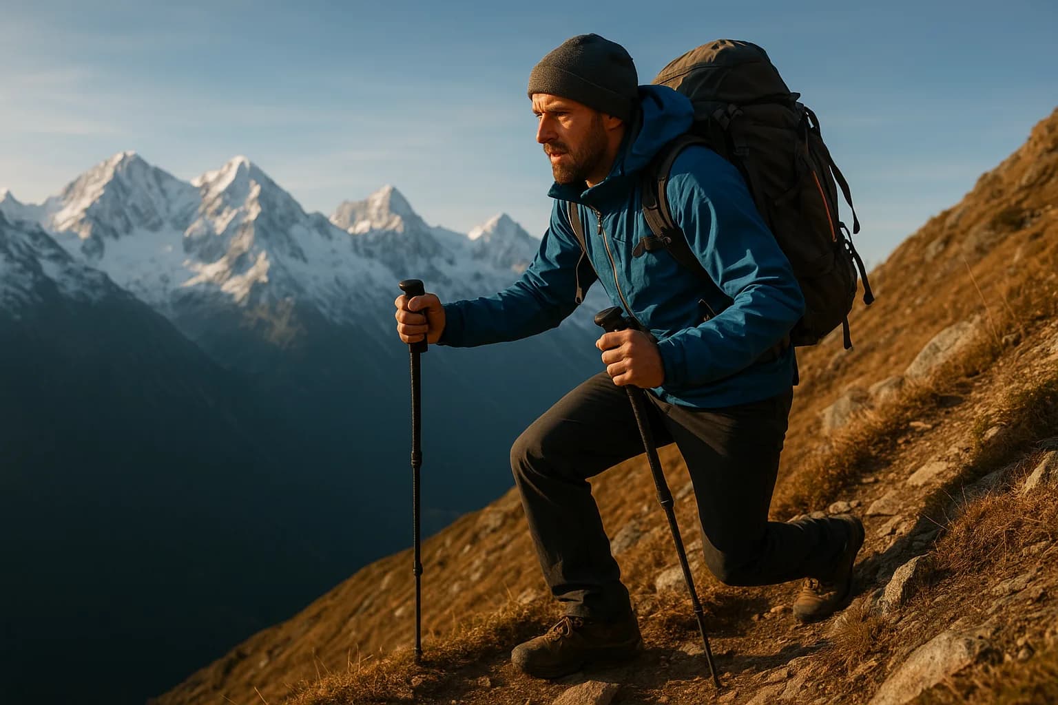 Alpiniste s'entraînant sac à dos chargé sur un sentier de montagne, vue sur les sommets enneigés du massif du Mont Blanc