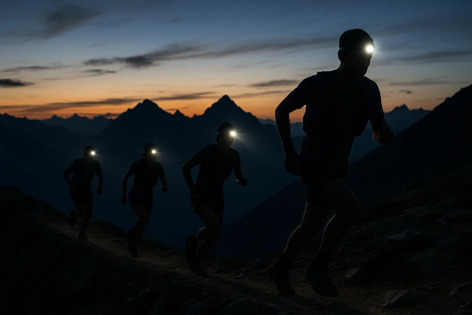Coureurs de trail progressant en file sur une crête technique au crépuscule, lampes frontales allumées, massif du Mont Blanc