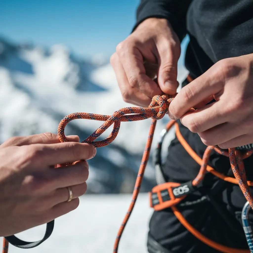 Gros plan sur un nœud de huit relié au baudrier d'un alpiniste, corde d'alpinisme sur fond de neige