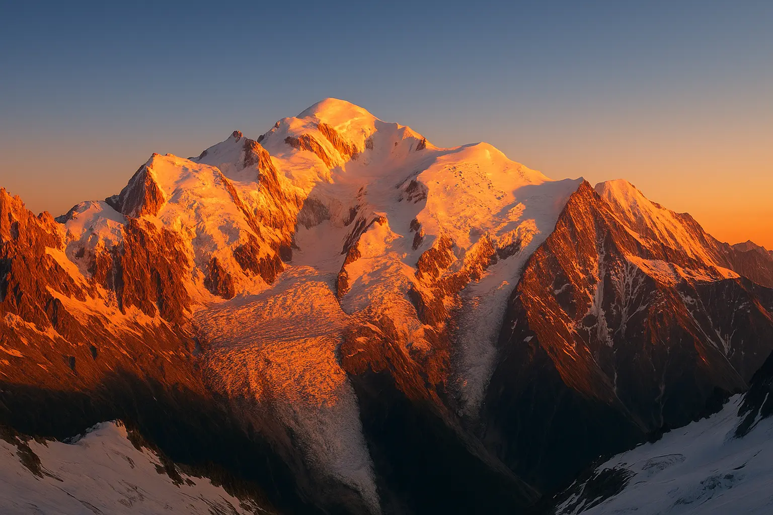 Vue panoramique du sommet du Mont Blanc et de ses arêtes enneigées au lever du soleil