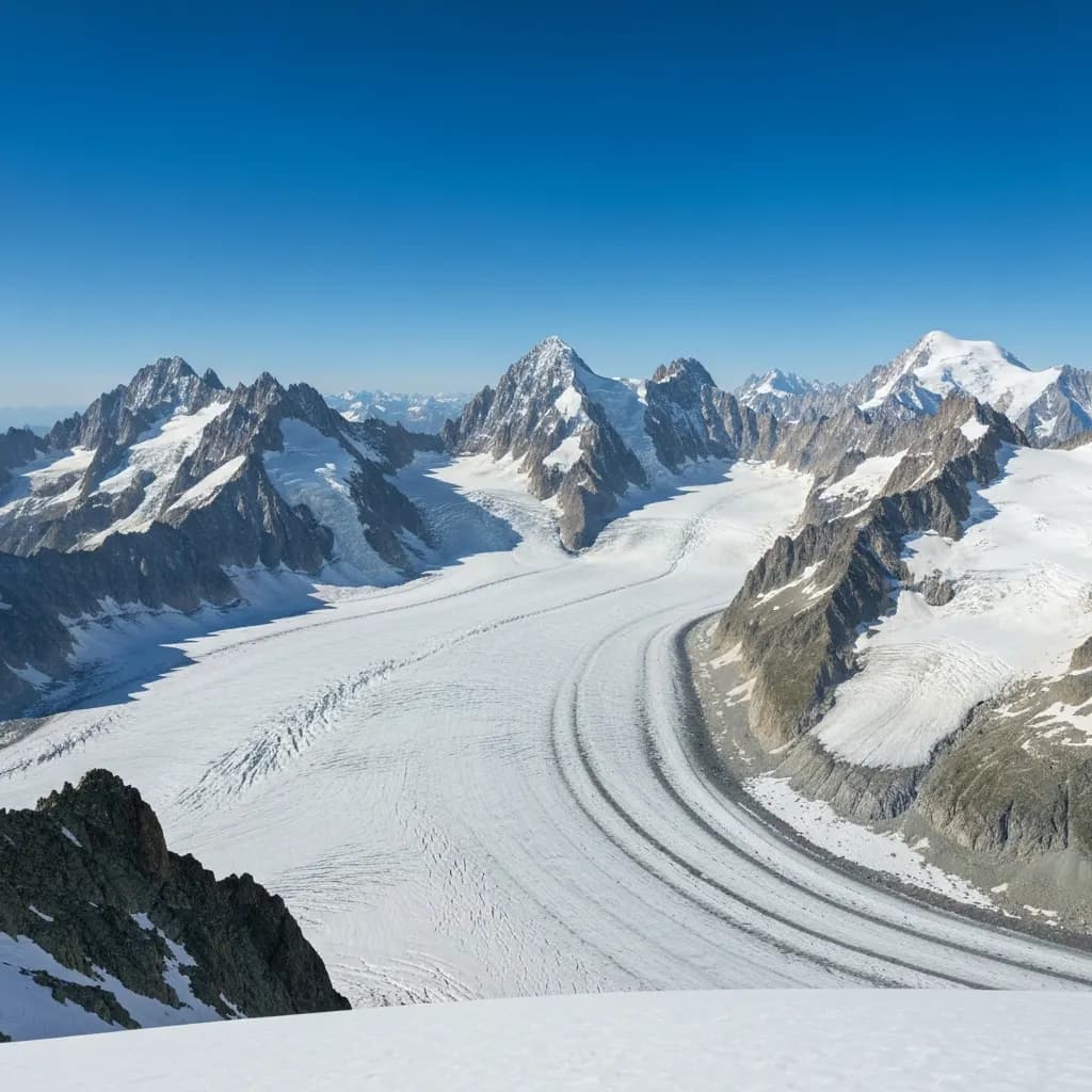 Vue panoramique depuis la Pointe Helbronner sur le glacier du Géant et les faces italiennes du massif du Mont Blanc