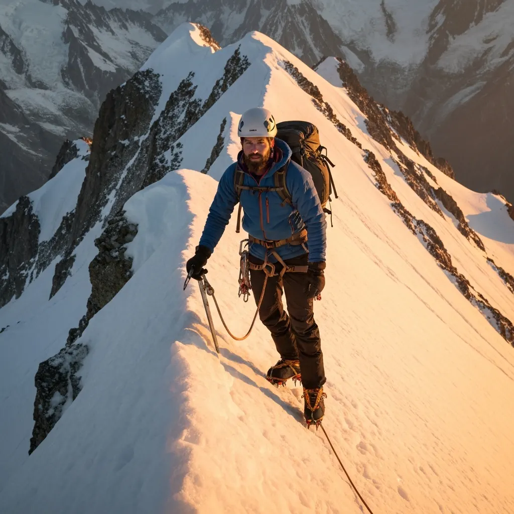 Cordée d'alpinistes et guide de haute montagne progressant sur l'arête des Bosses au lever du soleil, Mont Blanc