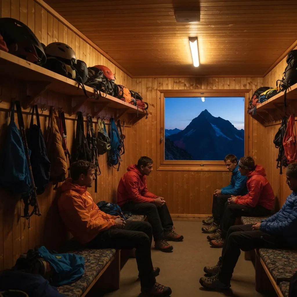 Alpinistes se reposant en soirée dans un refuge de haute montagne avant le départ nocturne vers le sommet