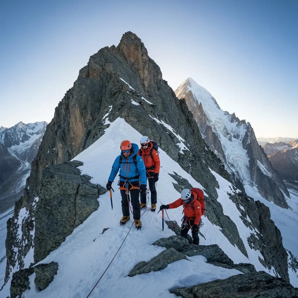 Arête rocheuse du Goûter et son couloir de neige, alpinistes encordés progressant vers le refuge du Goûter
