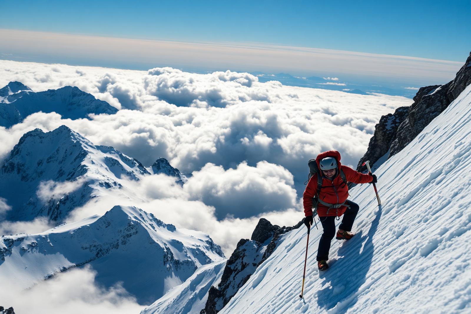 Alpiniste en pente raide au-dessus des nuages