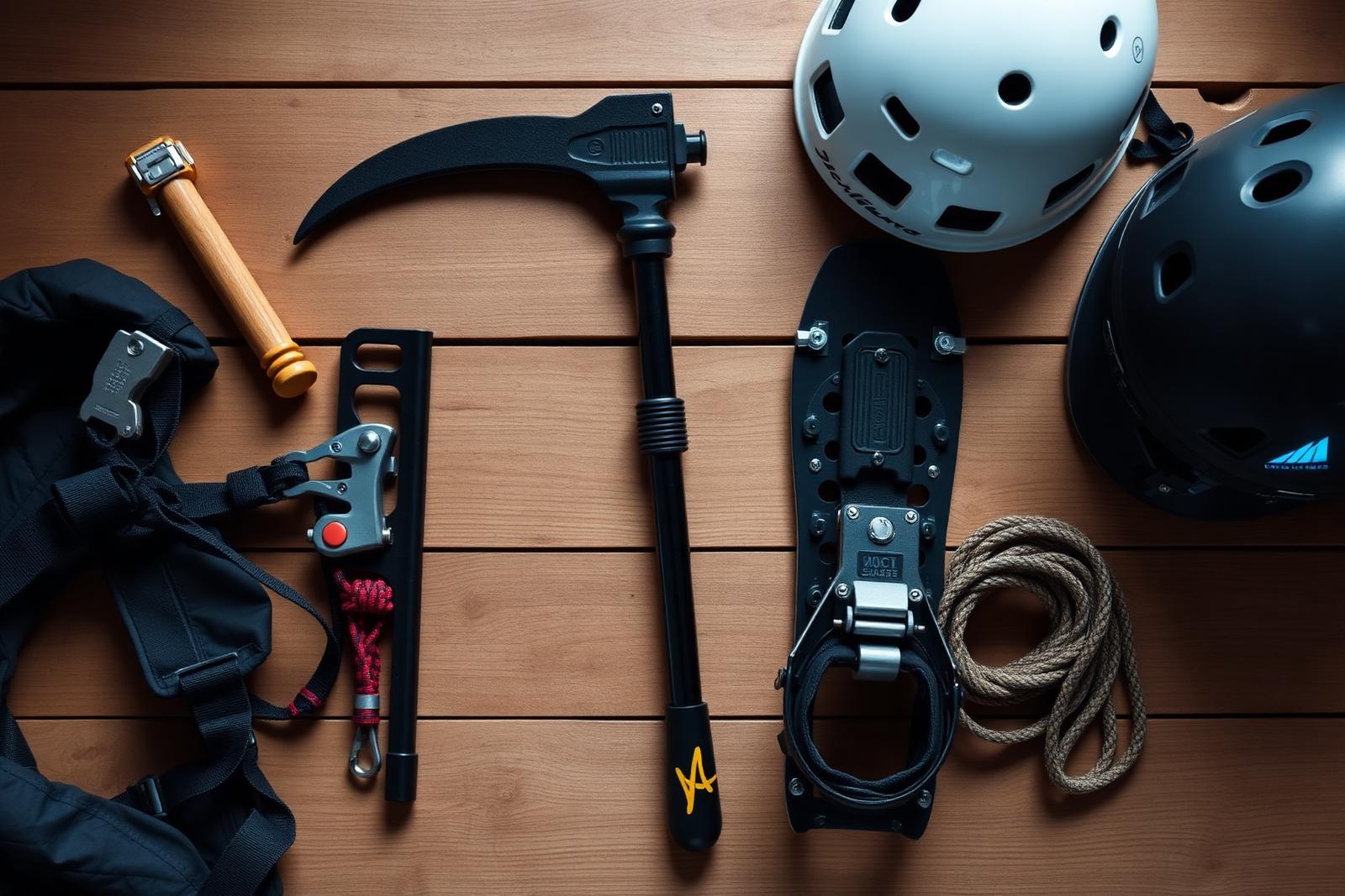 Matériel d'alpinisme : piolet, crampons, baudrier, corde