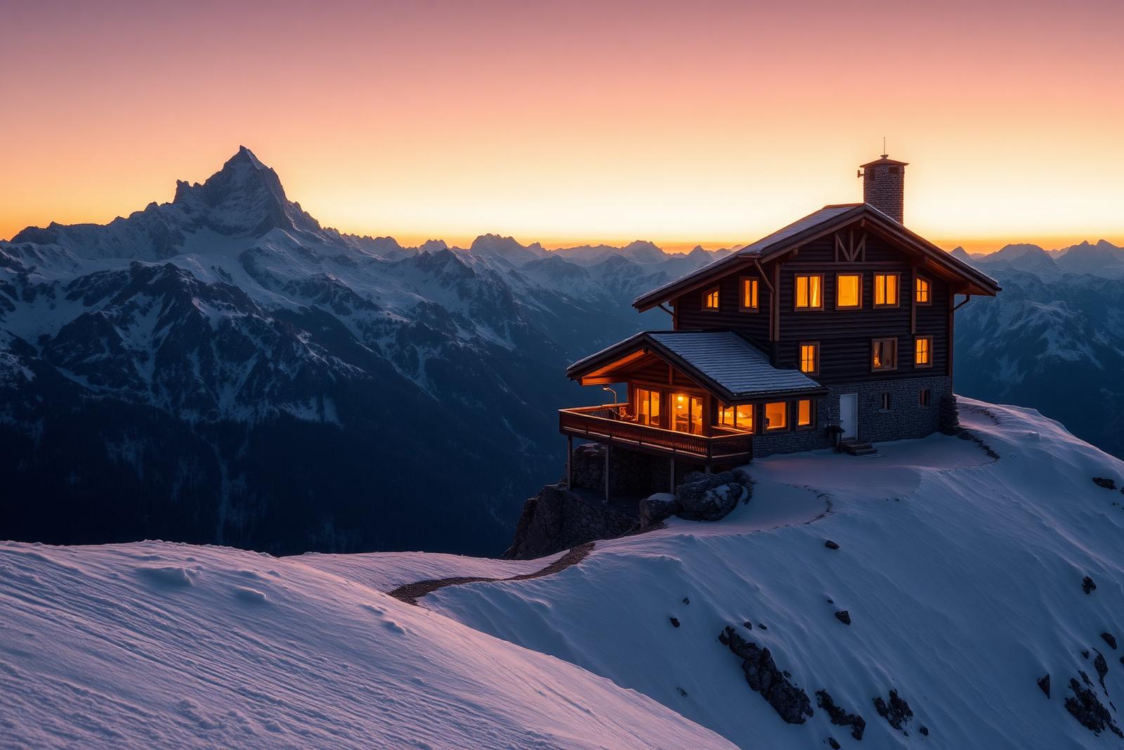 Refuge de haute montagne au crépuscule
